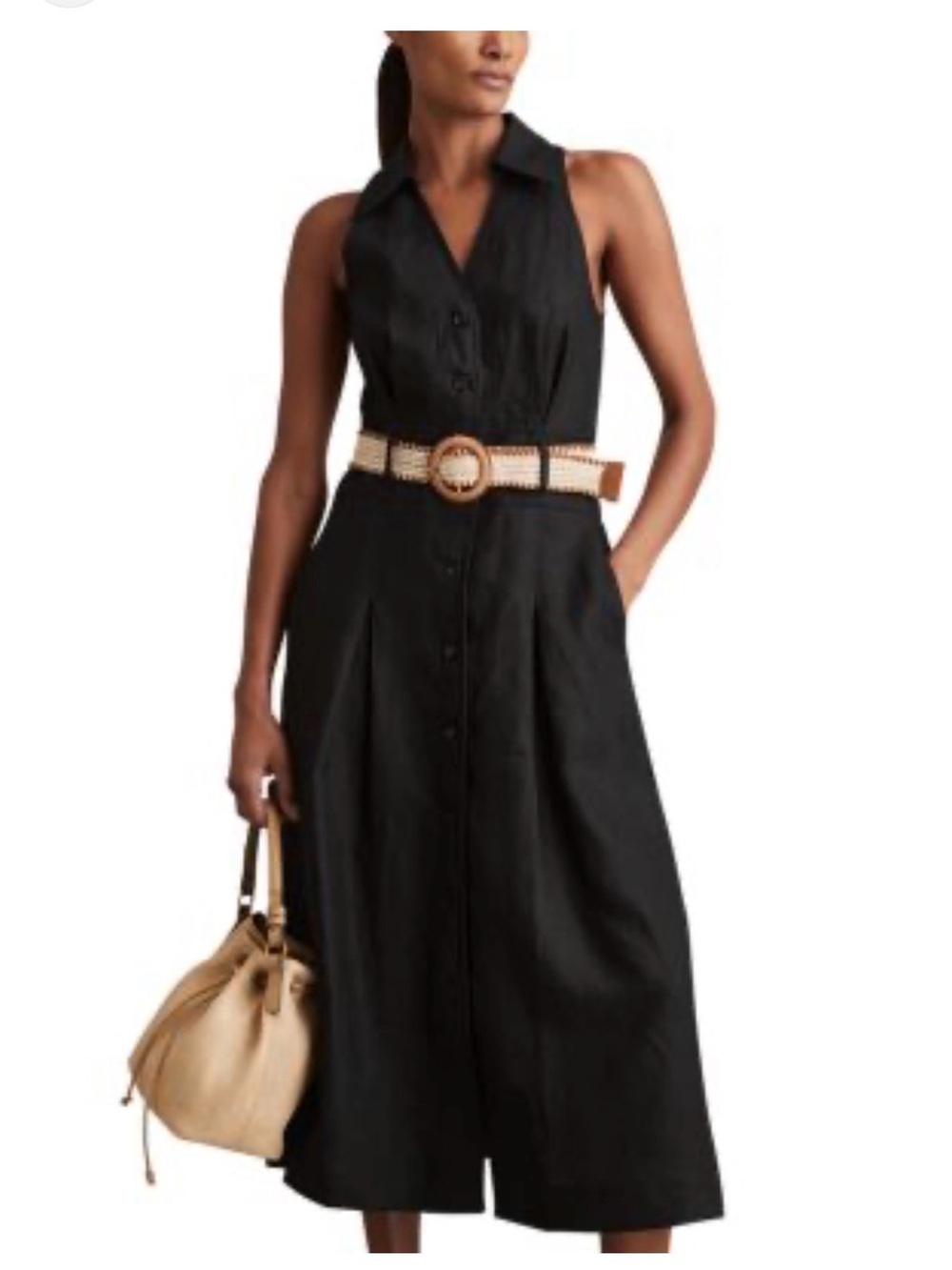 Reiss Black Sleeveless Button-Front Midi Shirt Dress